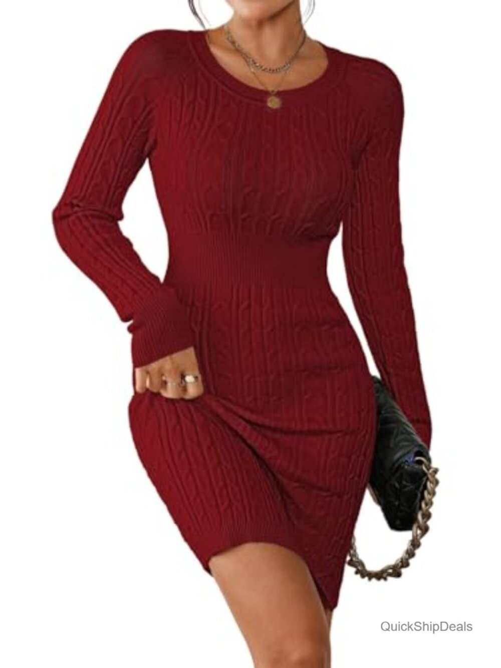 Cable Knit Mini Bodycon Sweater Dress Long Sleeve Crewneck Sheath